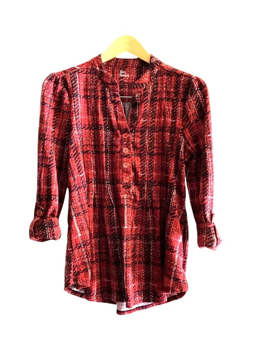 KIM ROGERS- WOMEN RED/WHITE BUTTON FRONT 3/4 SLEEVE SHIRT SIZE SMALL